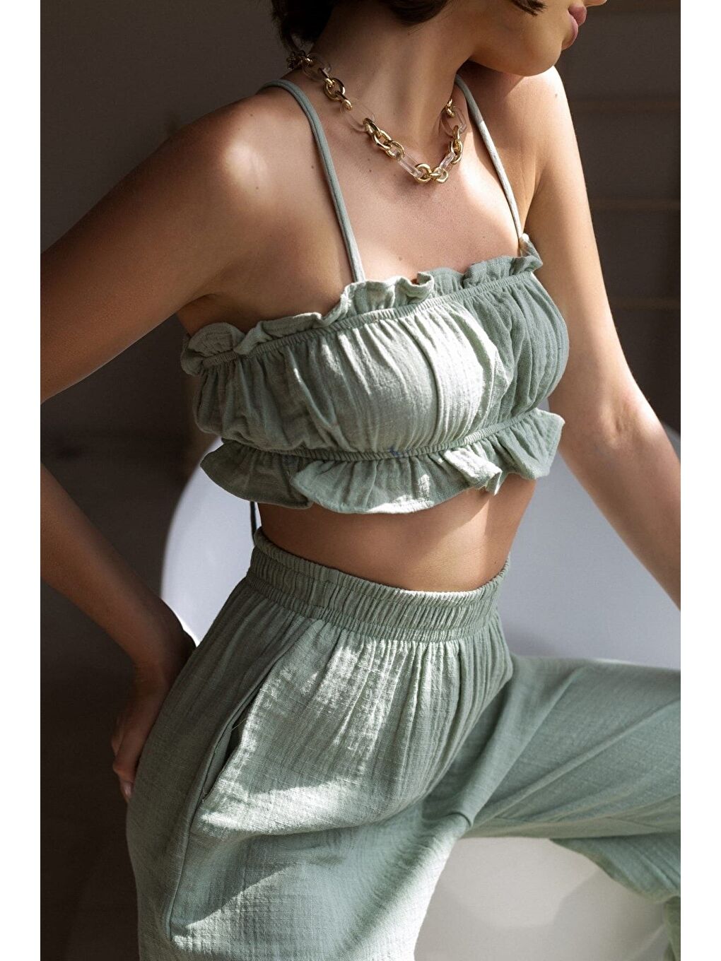 Yeşil Harvey Çağla Müslin Crop Takım-2