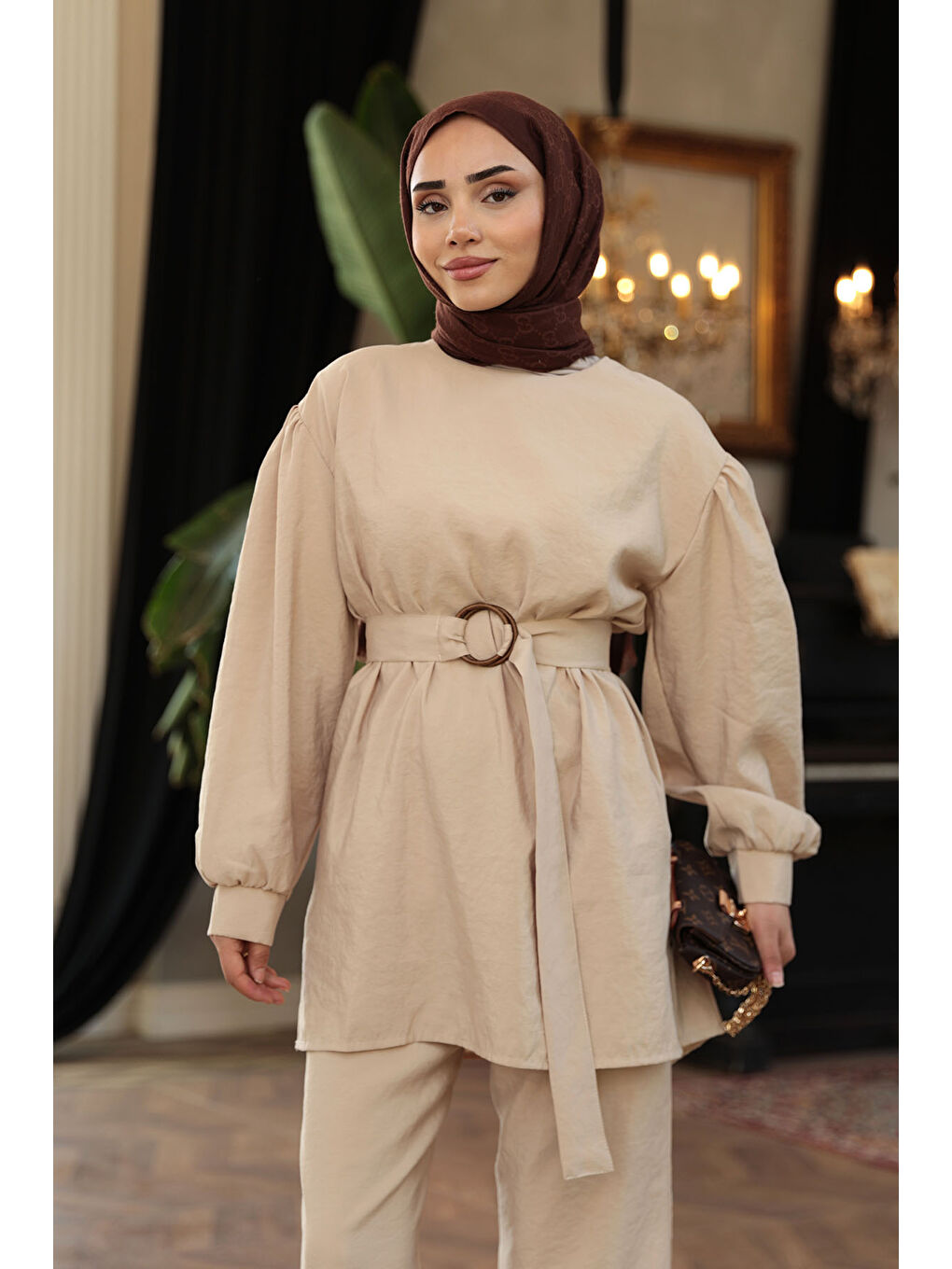 Bej Kadın Kemerli Tokalı Takım Vizon-2
