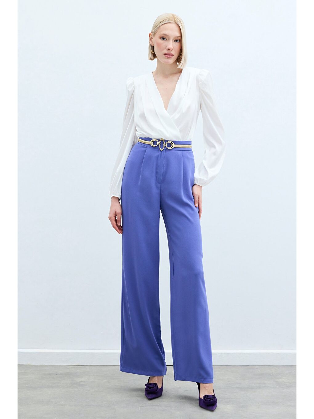 Pileli Krep Pantolon - Mor-1