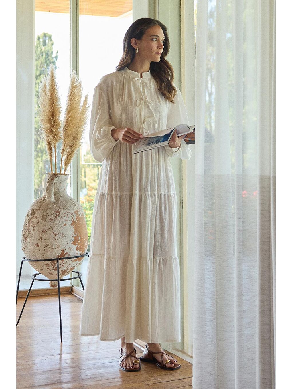 Joli Bağlamalı Şile Bezi Uzun Elbise Ekru