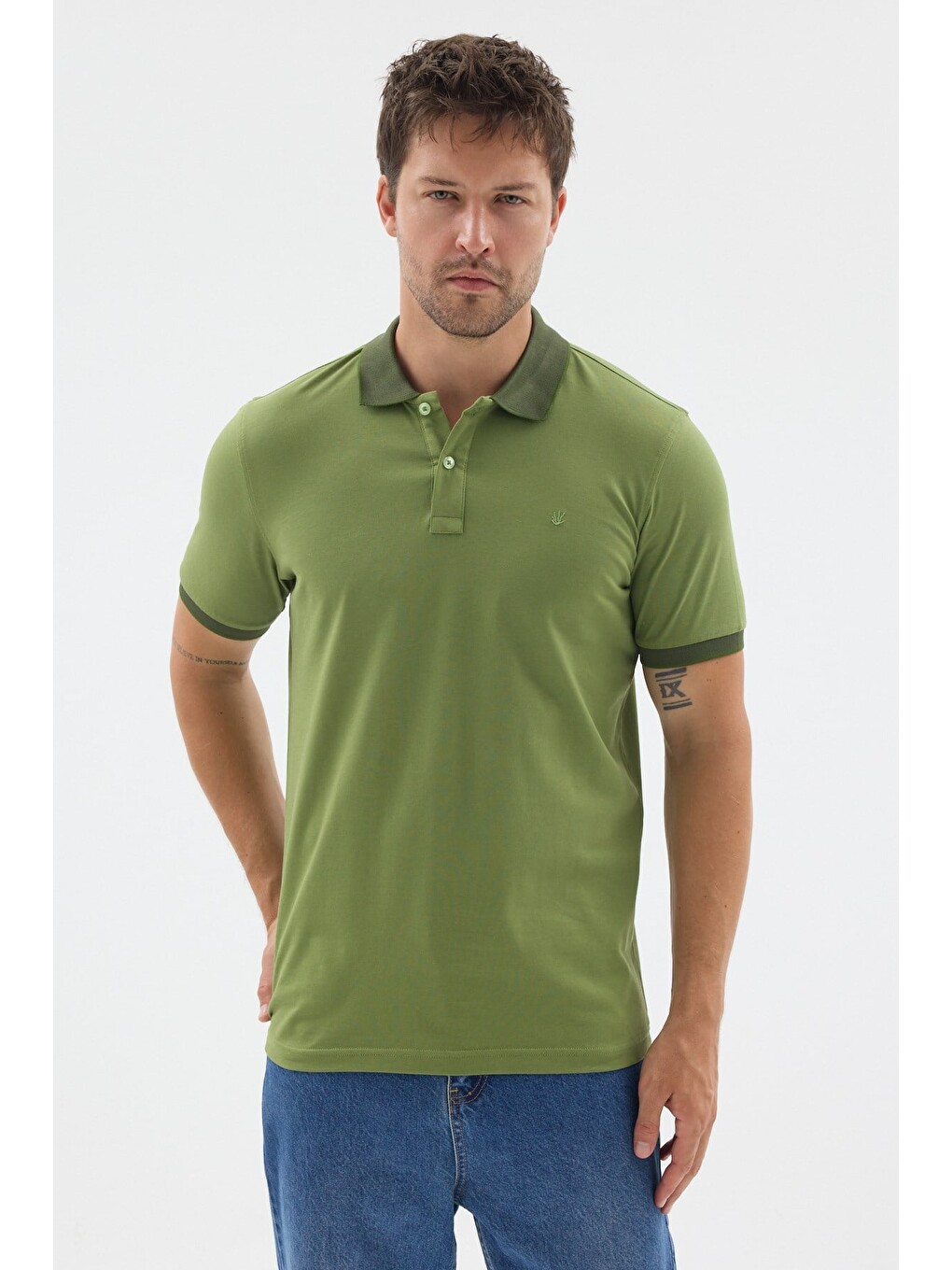 Yeşil Polo Yaka Pike Kısa Kol Slim Fit %100 Pamuk Tişört 1011260171