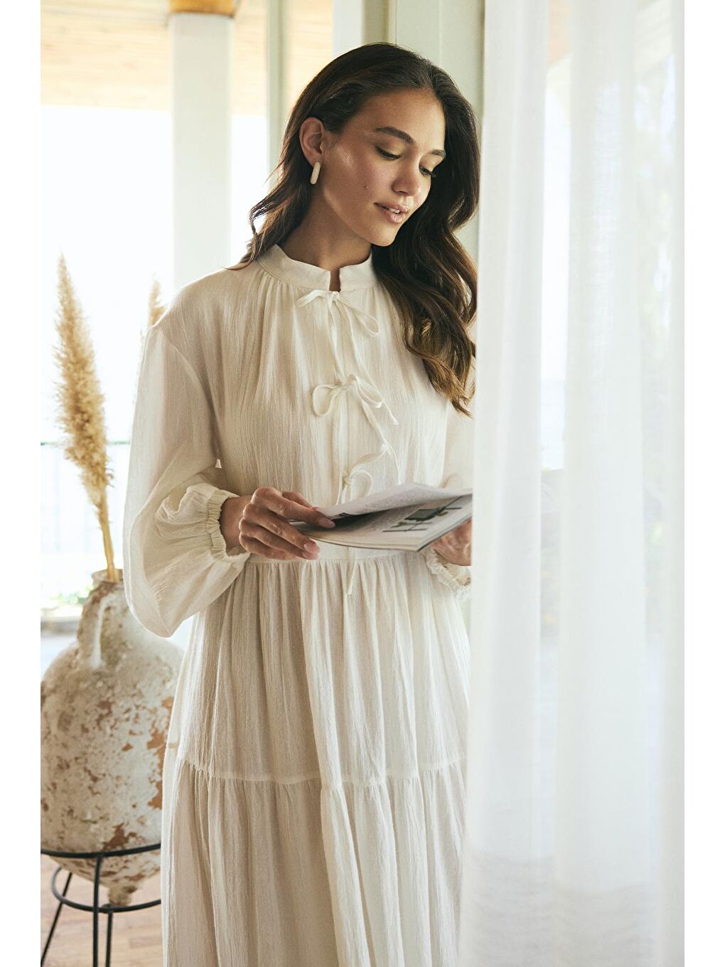 Joli Bağlamalı Şile Bezi Uzun Elbise Ekru-1