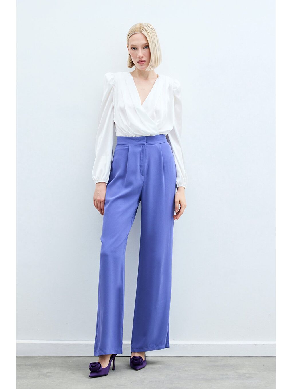 Pileli Krep Pantolon - Mor-2