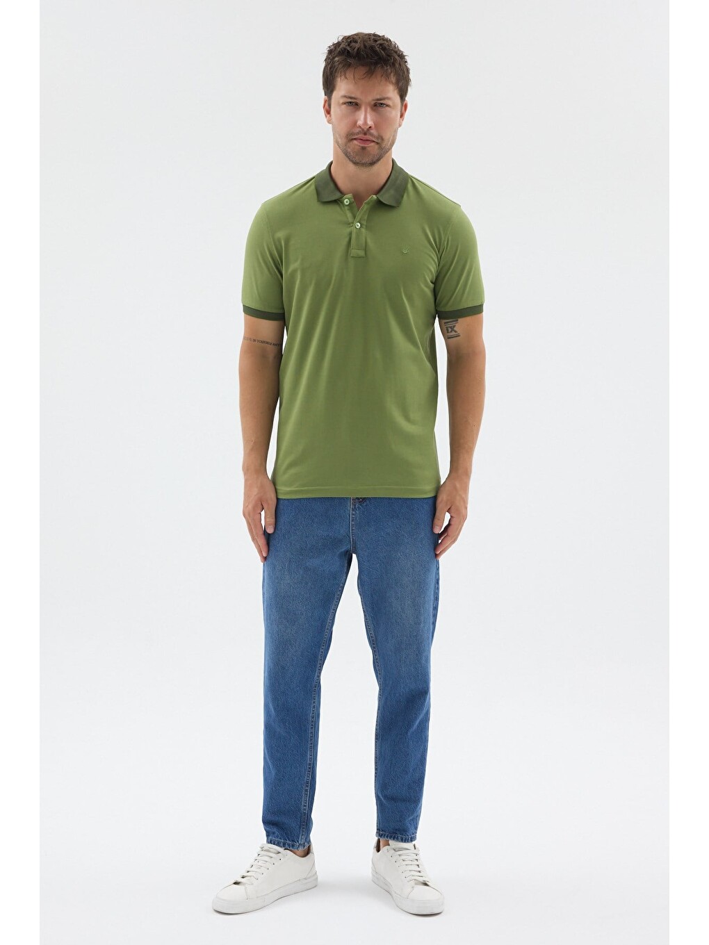 Yeşil Polo Yaka Pike Kısa Kol Slim Fit %100 Pamuk Tişört 1011260171-1