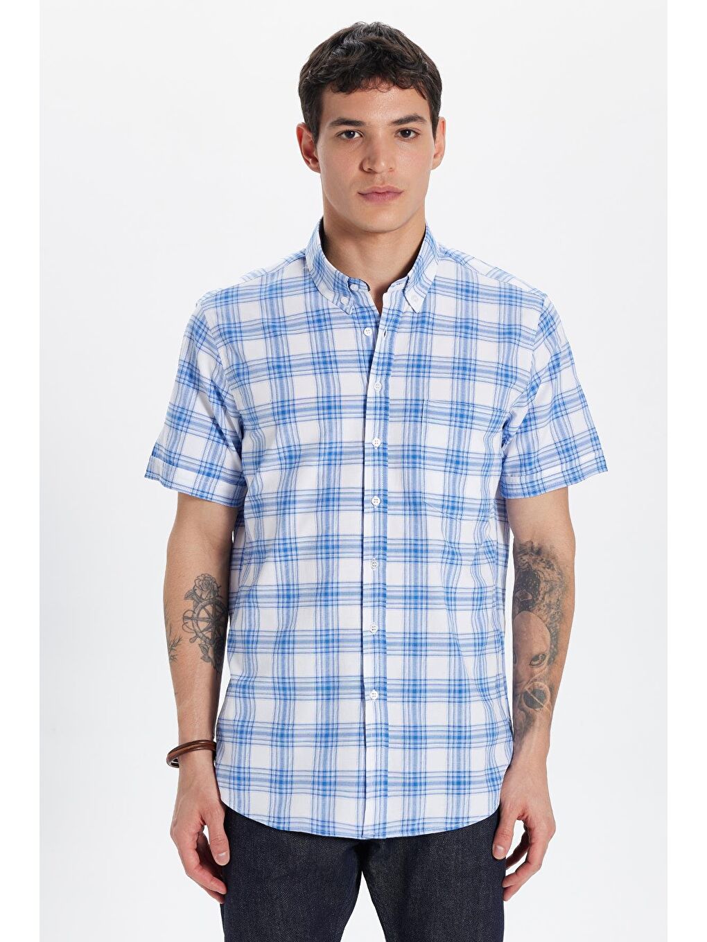 Karışık Erkek Regular Fit Klasik Kesim Pamuklu Tek Cepli Ekoseli Düğmeli Yaka Gömlek