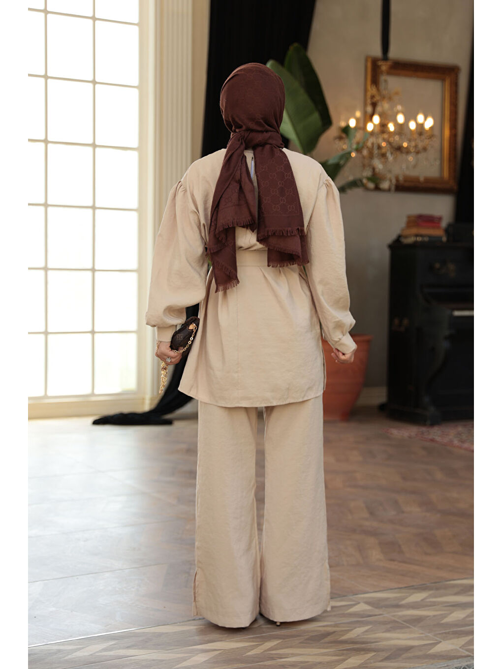 Bej Kadın Kemerli Tokalı Takım Vizon-3