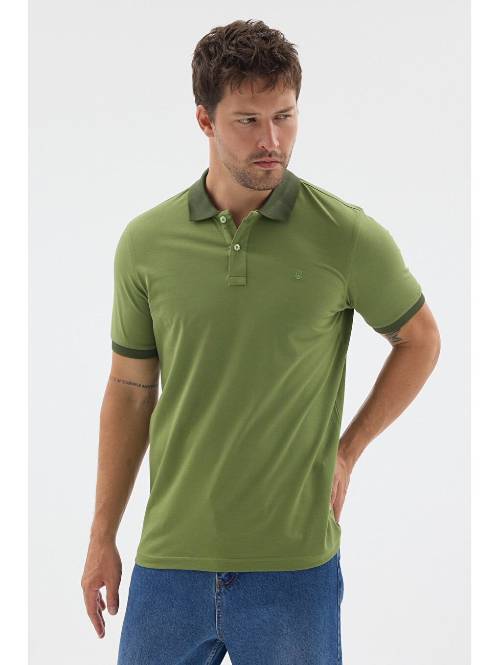 Yeşil Polo Yaka Pike Kısa Kol Slim Fit %100 Pamuk Tişört 1011260171-2