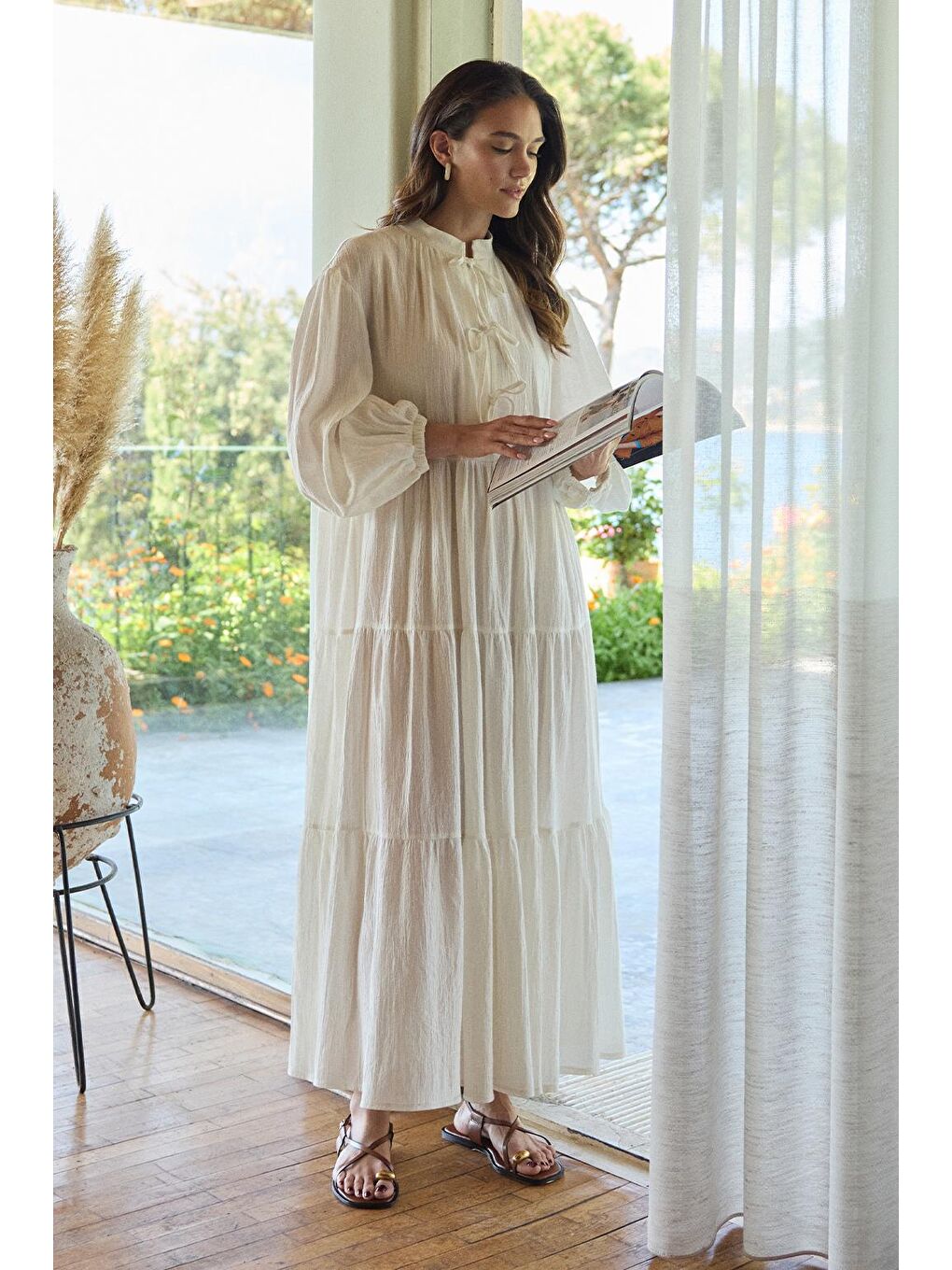 Joli Bağlamalı Şile Bezi Uzun Elbise Ekru-2