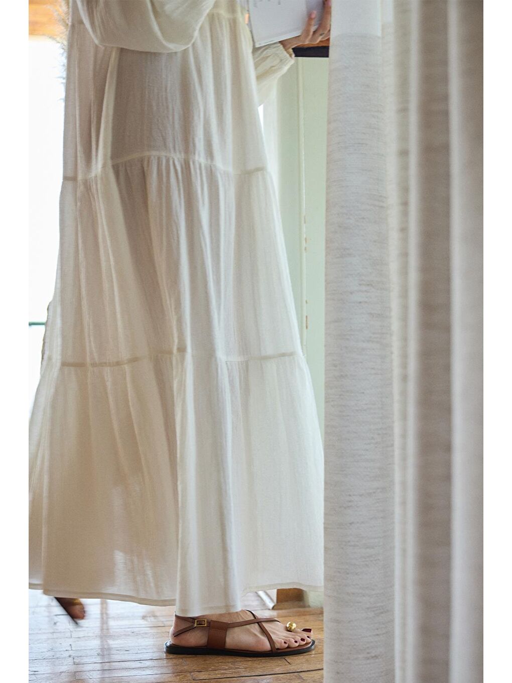 Joli Bağlamalı Şile Bezi Uzun Elbise Ekru-3