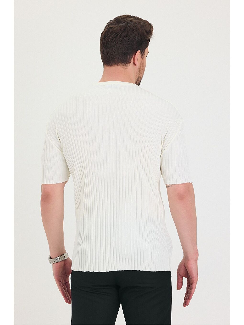 Beyaz Erkek Bisiklet Yaka Fitilli Kısa Kollu Ince Triko Tişört-7