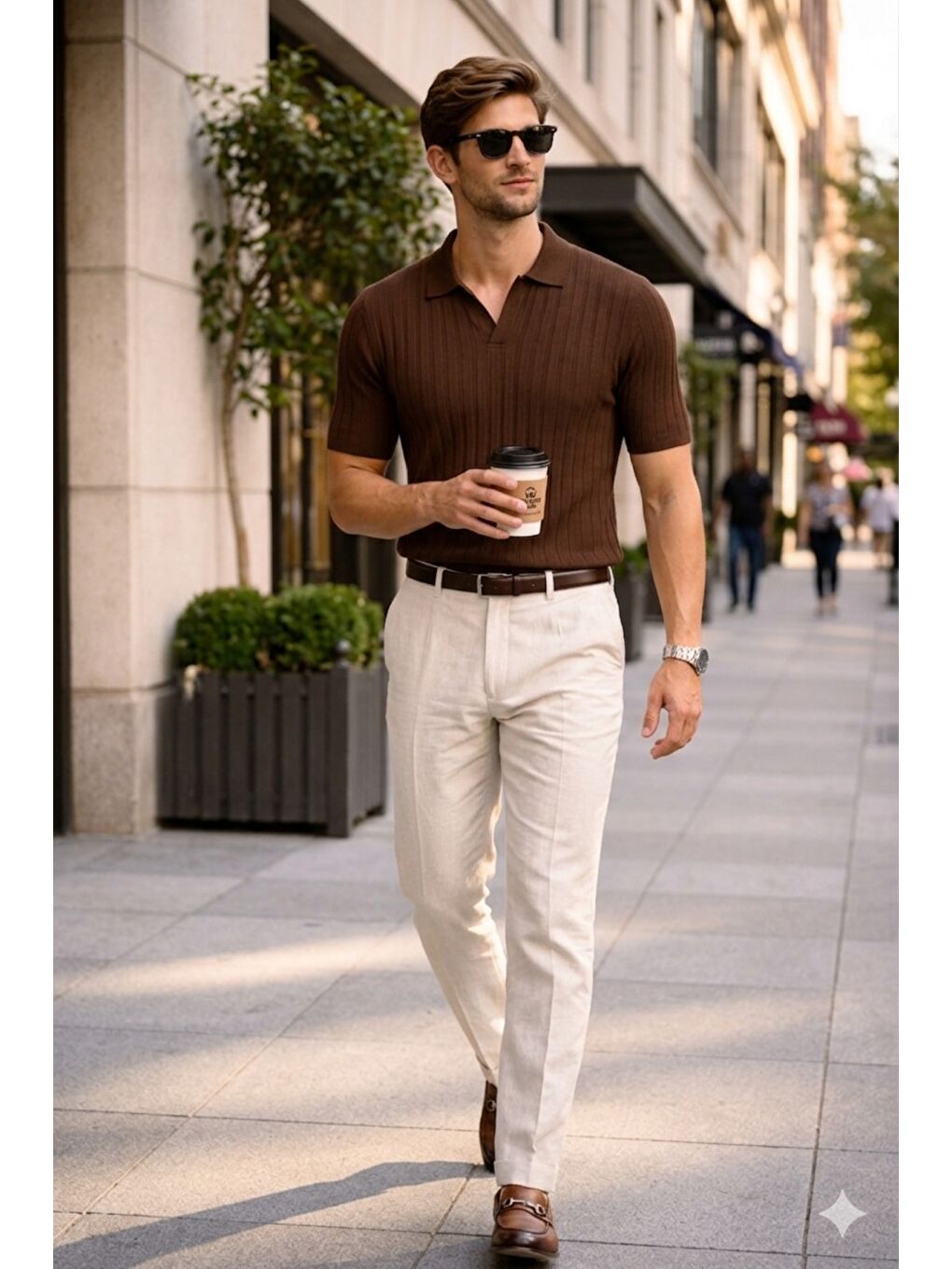 Kahverengi Erkek Polo Yaka İnce Triko Tişört Yazlık Rahat Kalıp-1