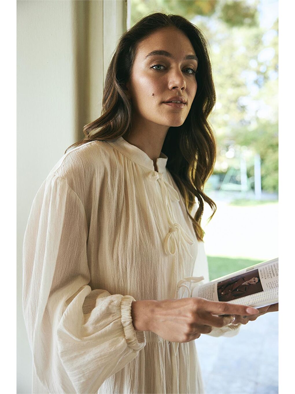 Joli Bağlamalı Şile Bezi Uzun Elbise Ekru-4