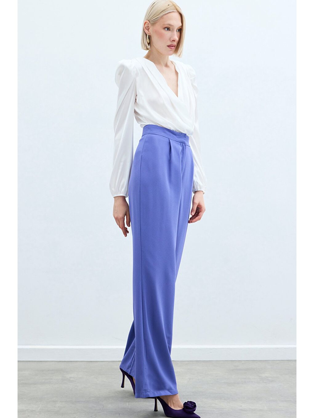 Pileli Krep Pantolon - Mor-3