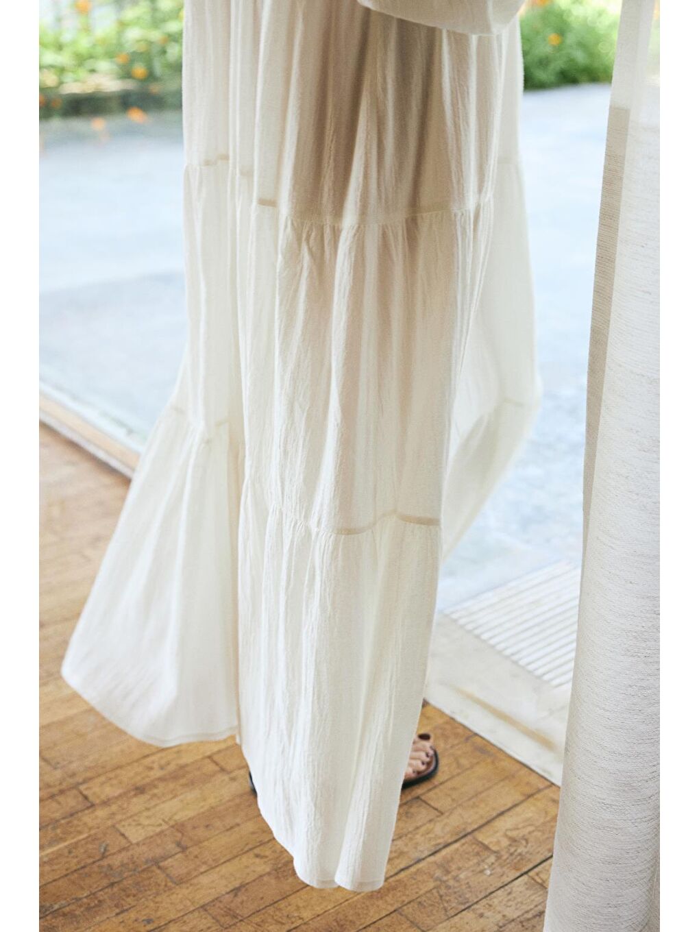 Joli Bağlamalı Şile Bezi Uzun Elbise Ekru-5