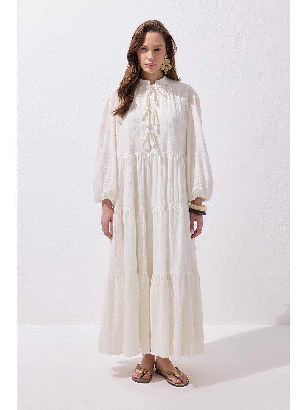Joli Bağlamalı Şile Bezi Uzun Elbise Ekru-6