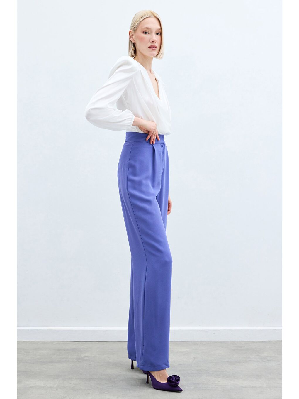 Pileli Krep Pantolon - Mor-4