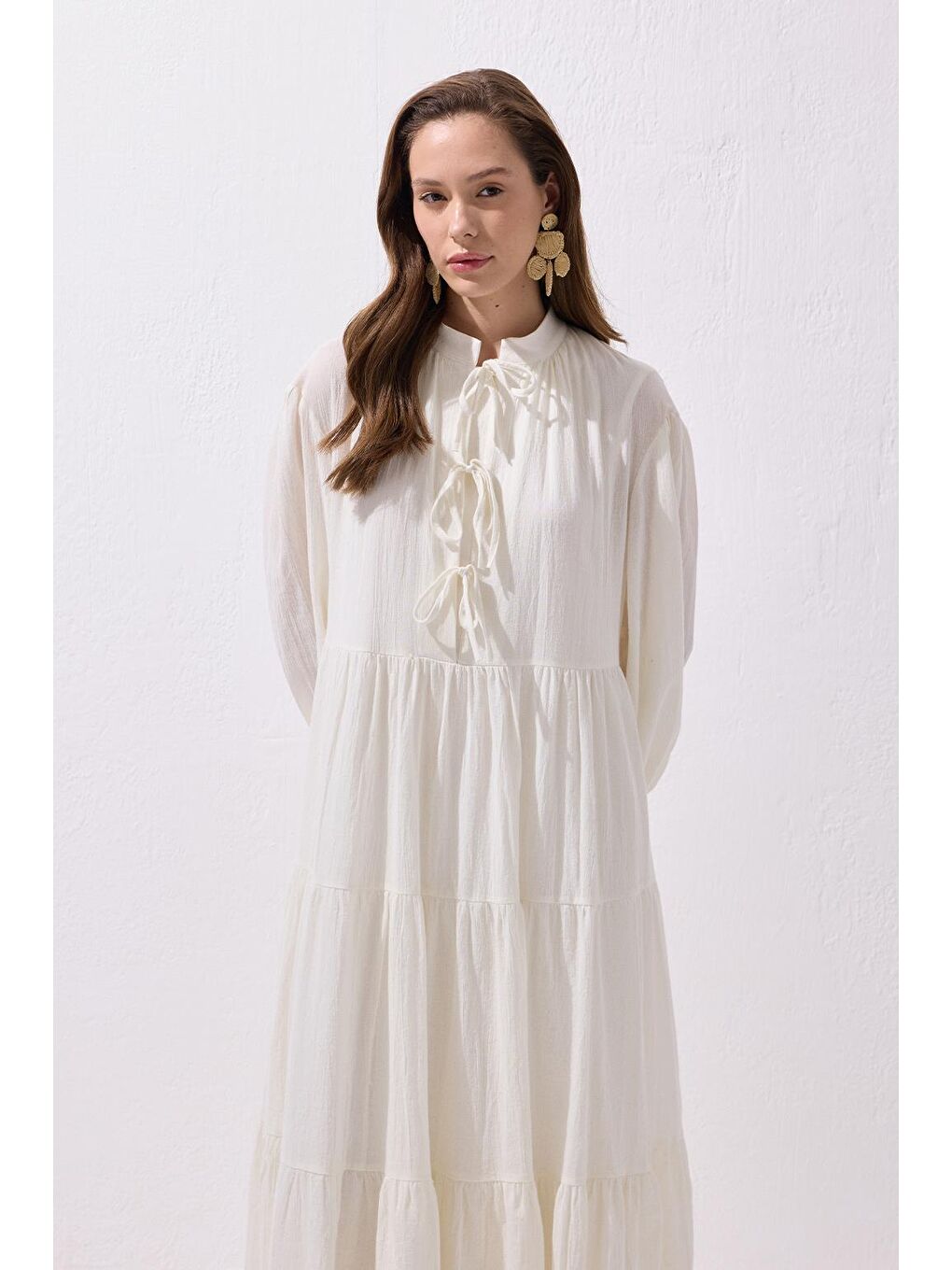 Joli Bağlamalı Şile Bezi Uzun Elbise Ekru-7