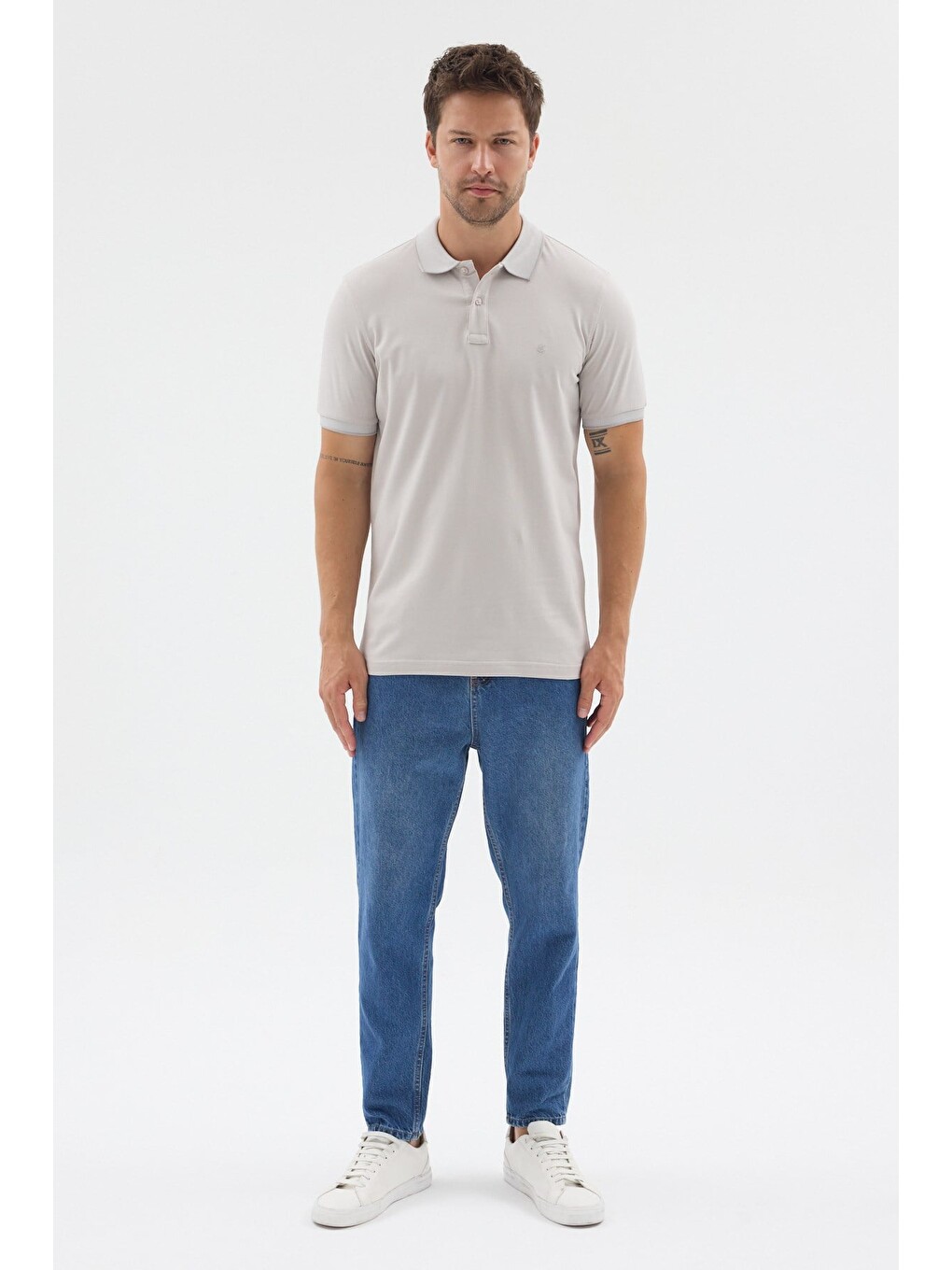 Bej Taş Polo Yaka Pike Kısa Kol Slim Fit %100 Pamuk Tişört 1011260171-1