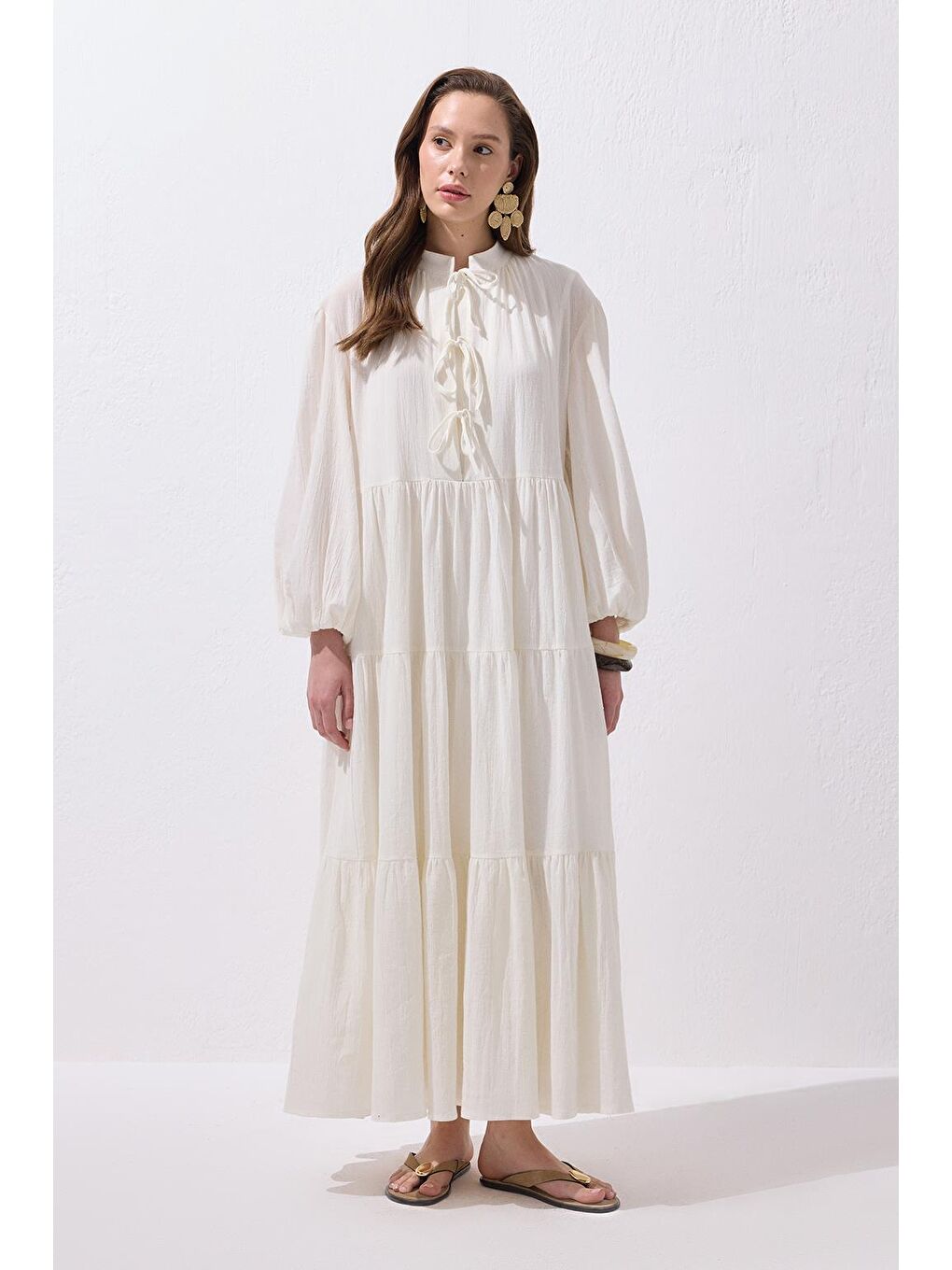 Joli Bağlamalı Şile Bezi Uzun Elbise Ekru-8