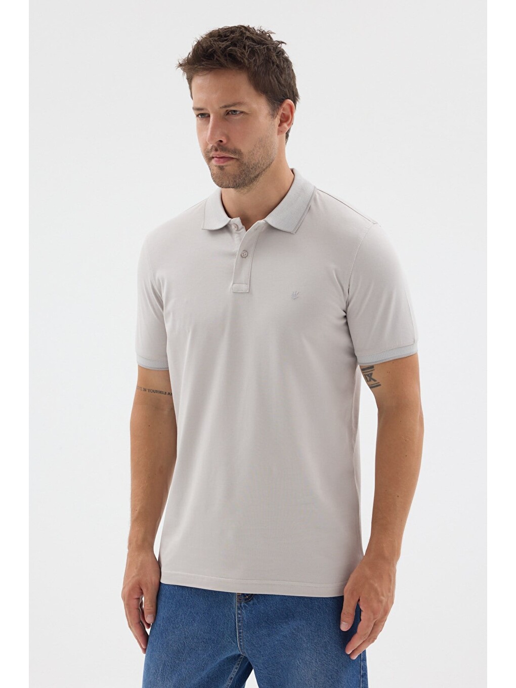 Bej Taş Polo Yaka Pike Kısa Kol Slim Fit %100 Pamuk Tişört 1011260171-2