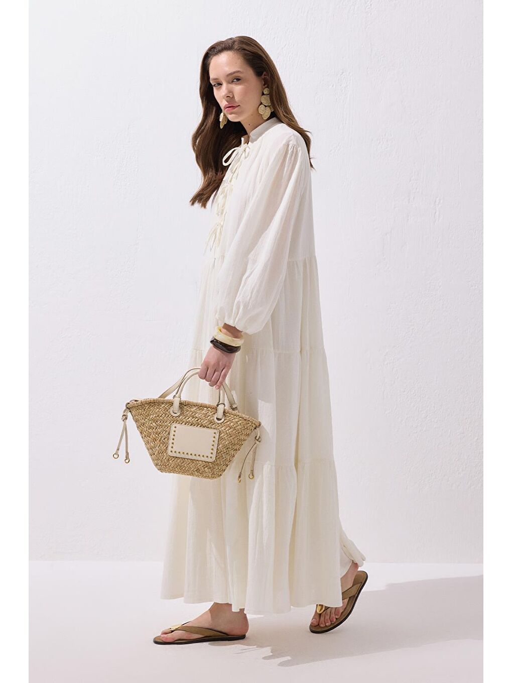 Joli Bağlamalı Şile Bezi Uzun Elbise Ekru-9