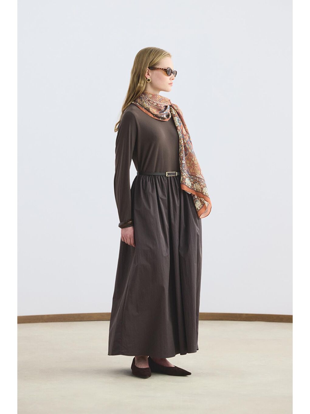 Dar Kesim Kemerli Mix Elbise Kahverengi-4