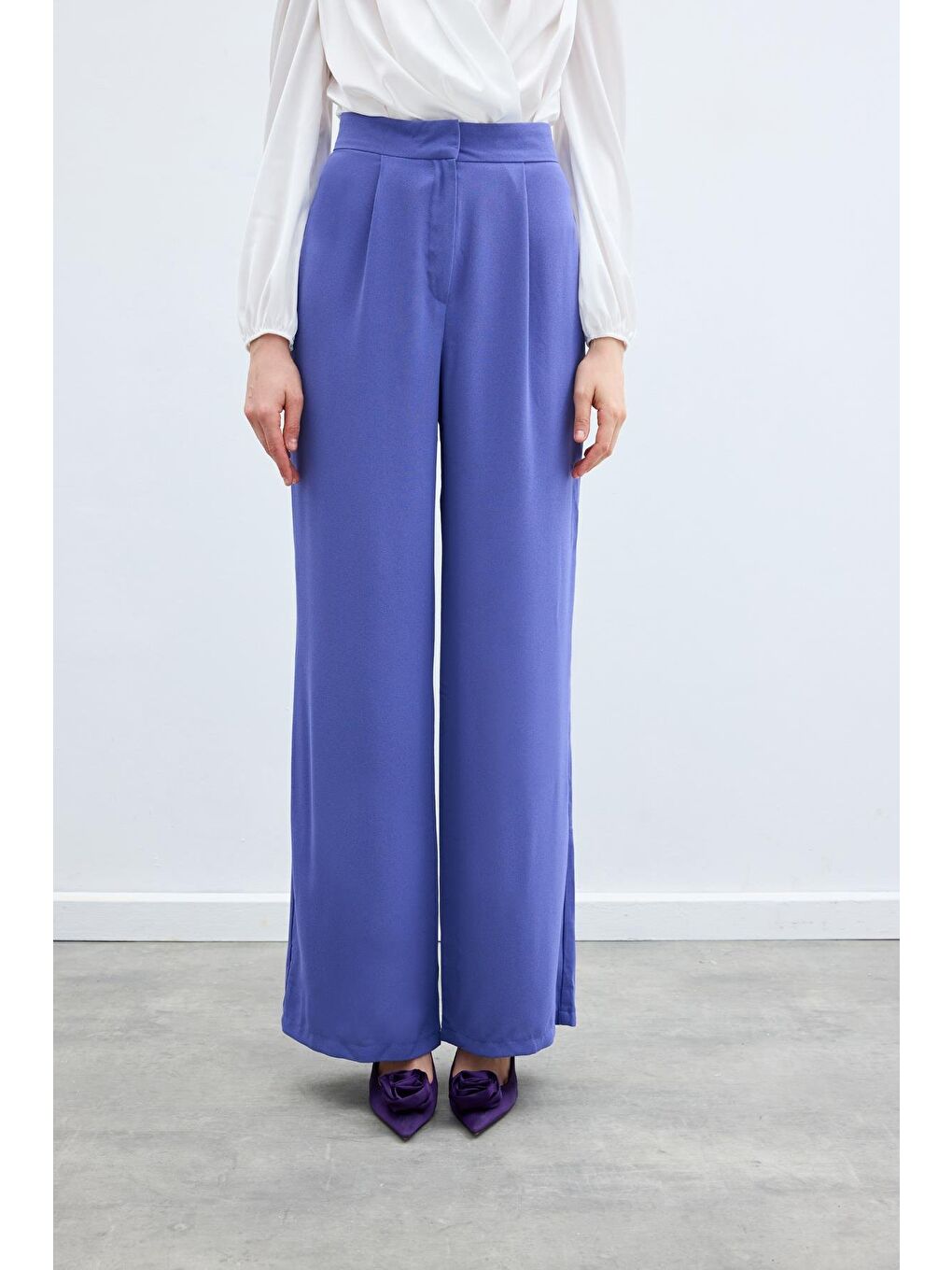 Pileli Krep Pantolon - Mor-6