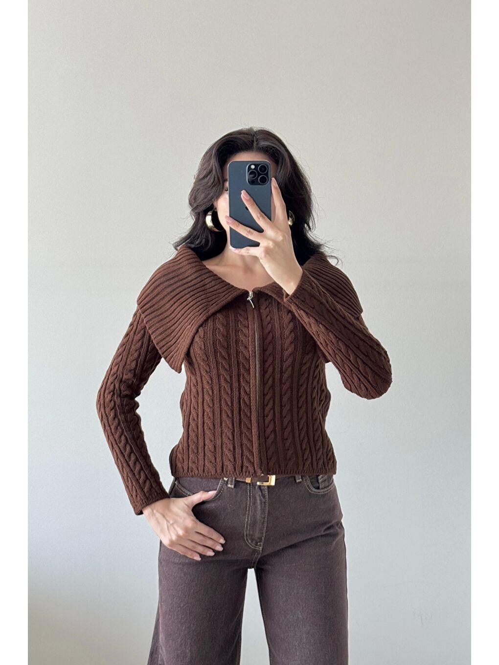 Kahverengi Kadın Kahve Fermuarlı Hırka 1014-2406-2