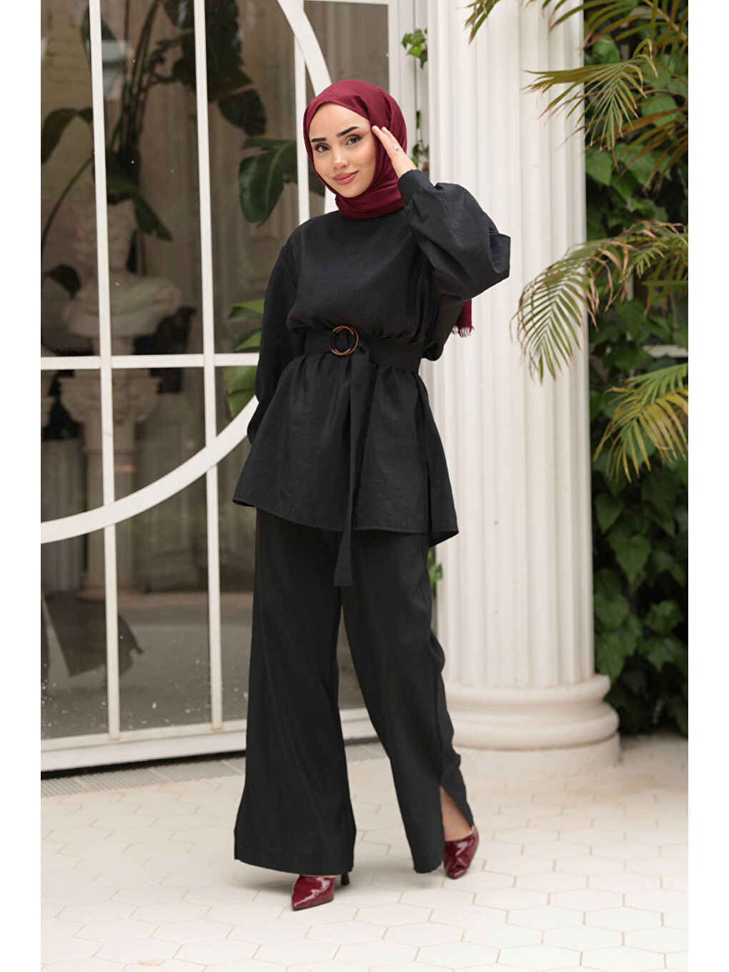 Kadın Kemerli Tokalı Takım Siyah-1
