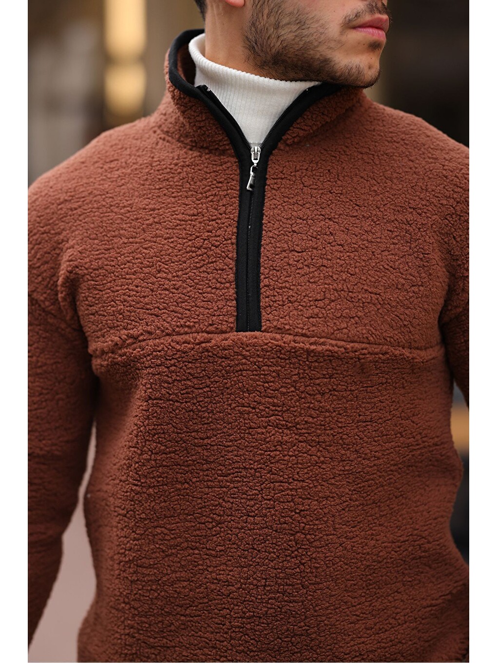 Kahverengi Yarım Fermuarlı Pelüş Sweatshirt-1