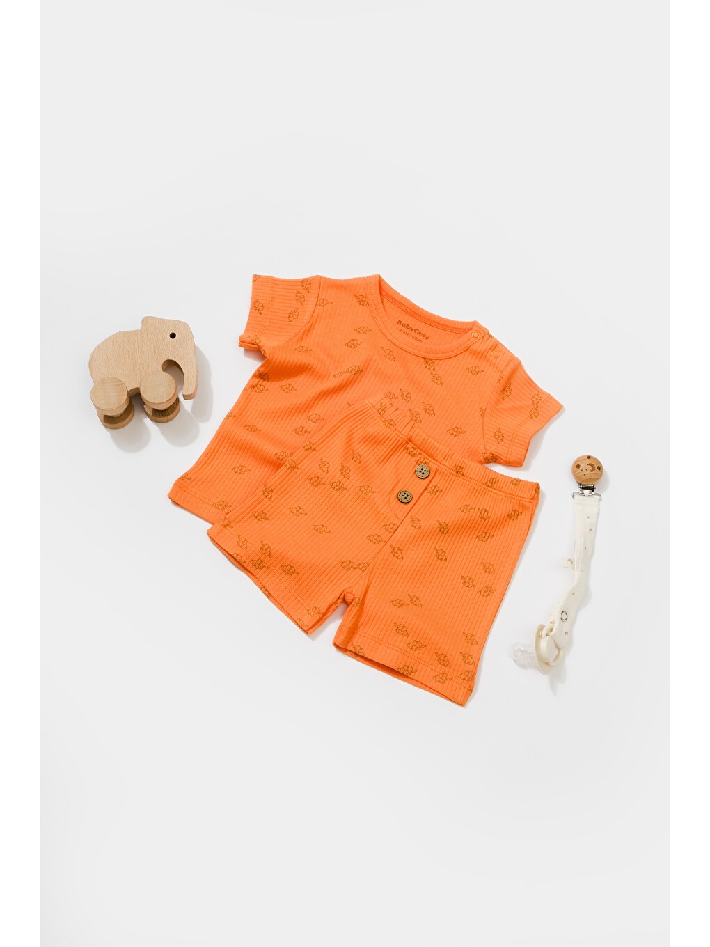 Turuncu Unisex Bebek Pamuklu Mini Fil Desenli T-shirt Ve Şort Takım-2