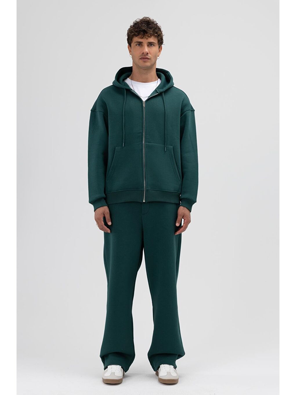 Yeşil Basic Fermuarlı Oversize Kapüşonlu Sweatshirt Nefti