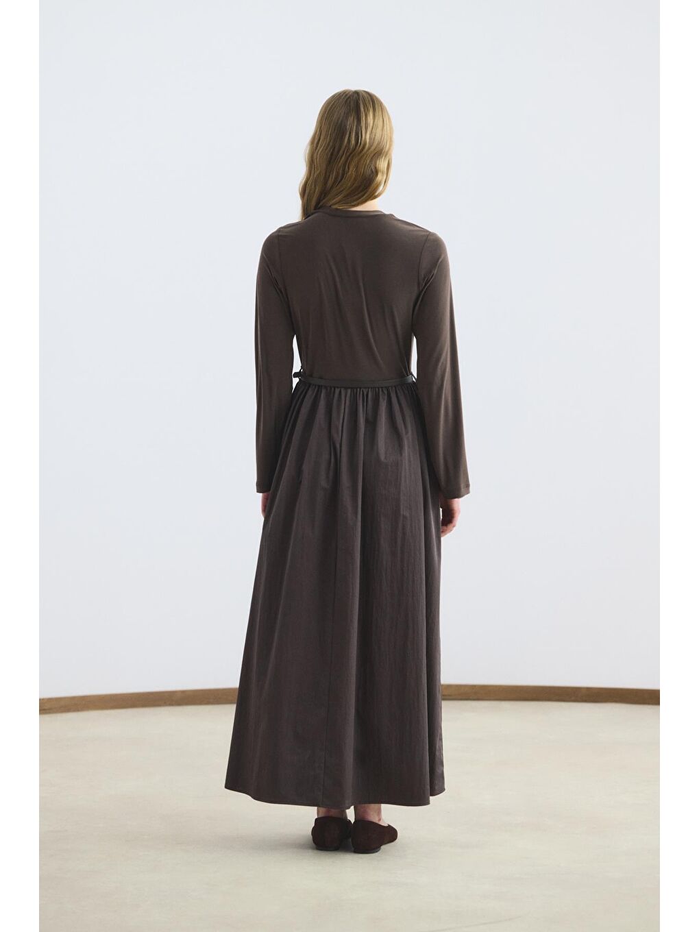 Dar Kesim Kemerli Mix Elbise Kahverengi-6