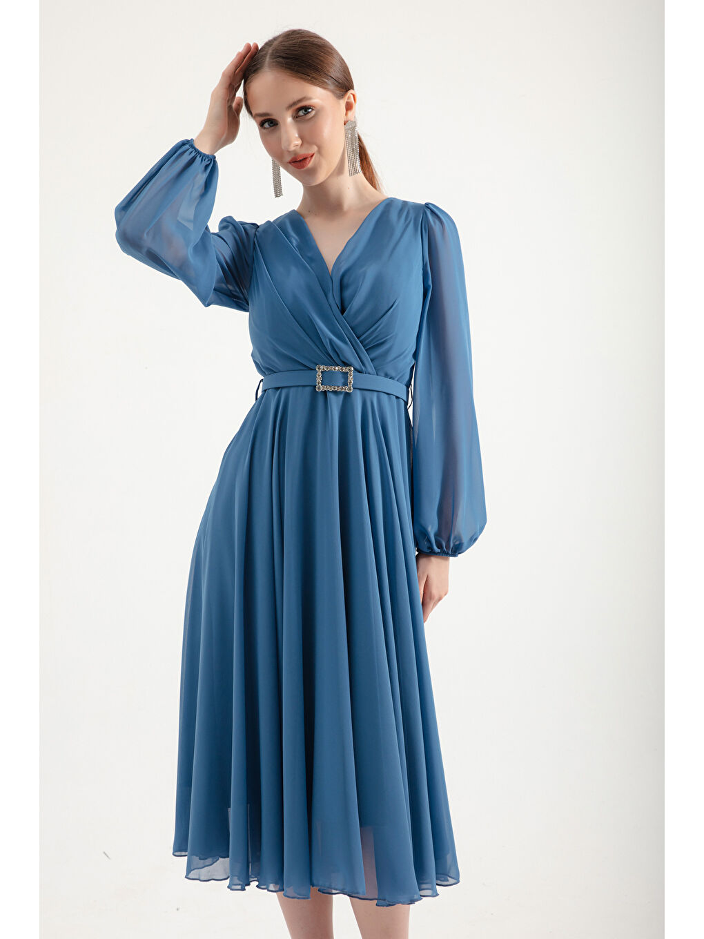 Kadın İndigo Kemerli Midi Şifon Abiye Elbise