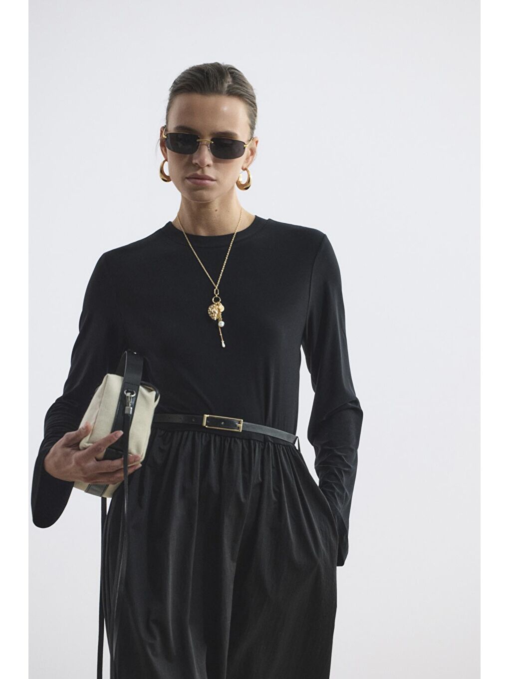 Dar Kesim Kemerli Mix Elbise Siyah-6