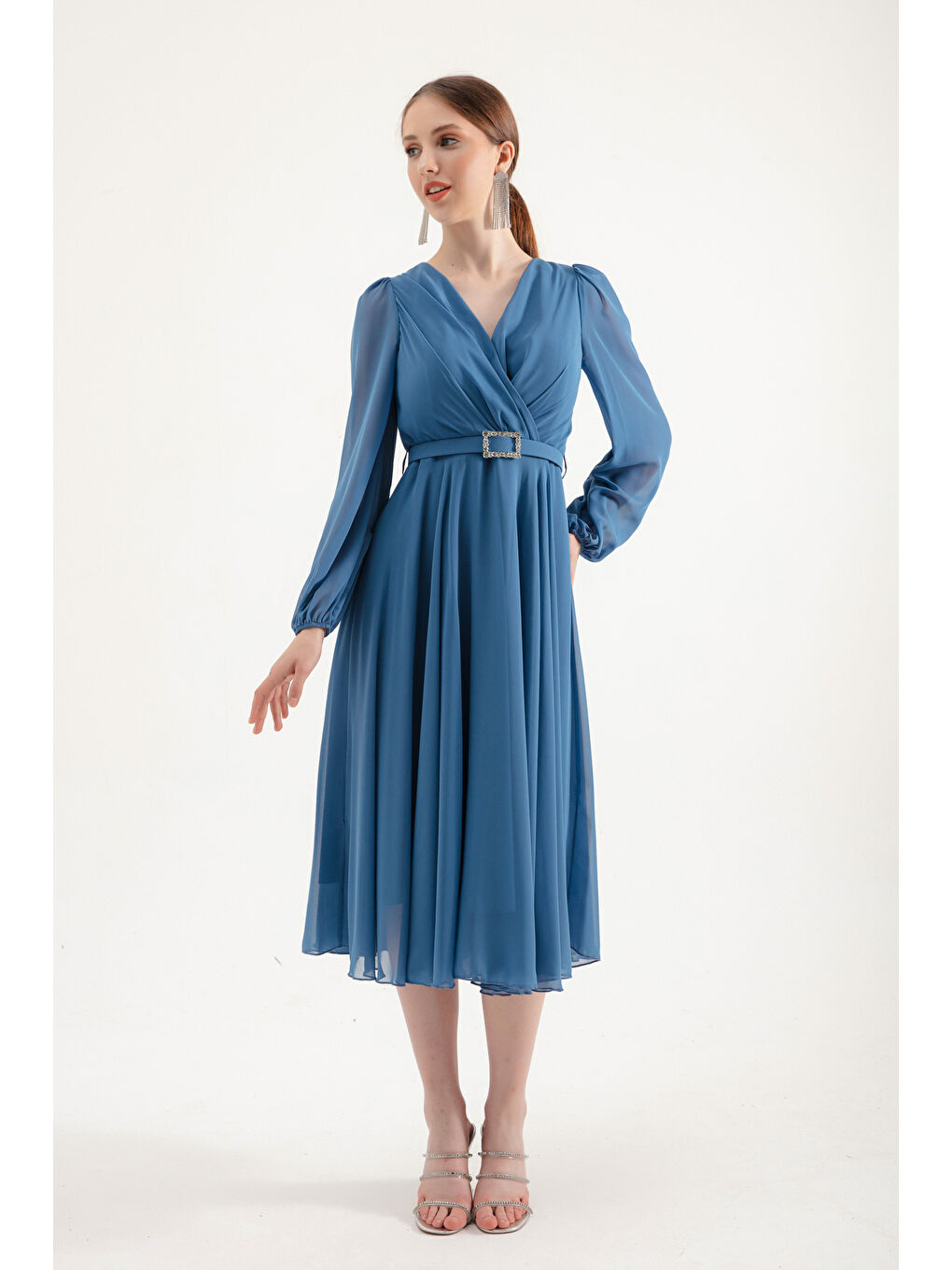 Kadın İndigo Kemerli Midi Şifon Abiye Elbise-1