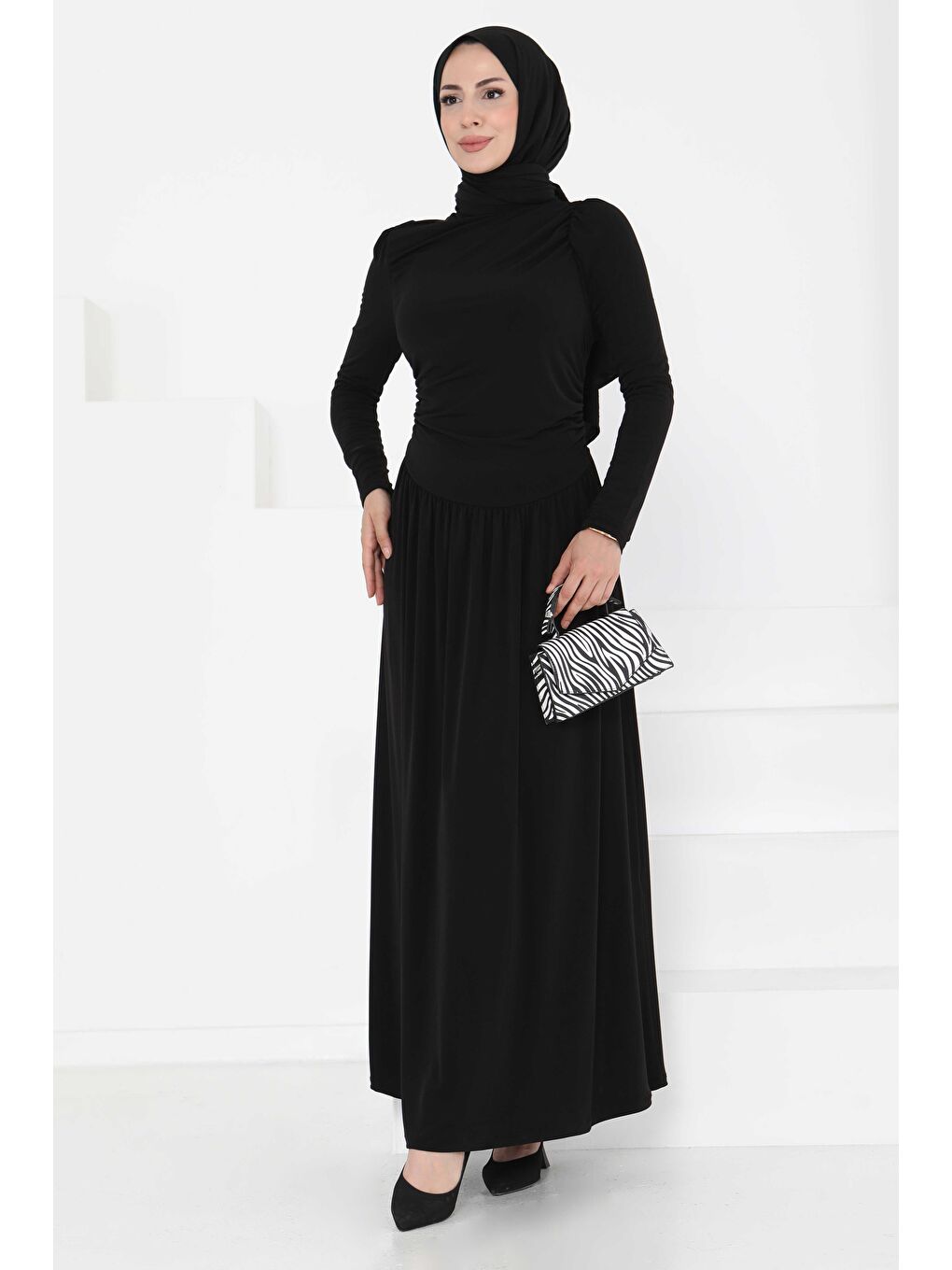 Büzgülü Elbise Siyah - 27254-1