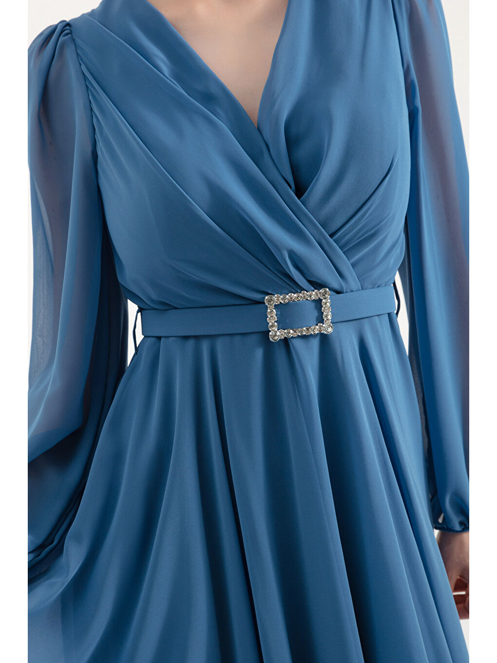 Kadın İndigo Kemerli Midi Şifon Abiye Elbise-3