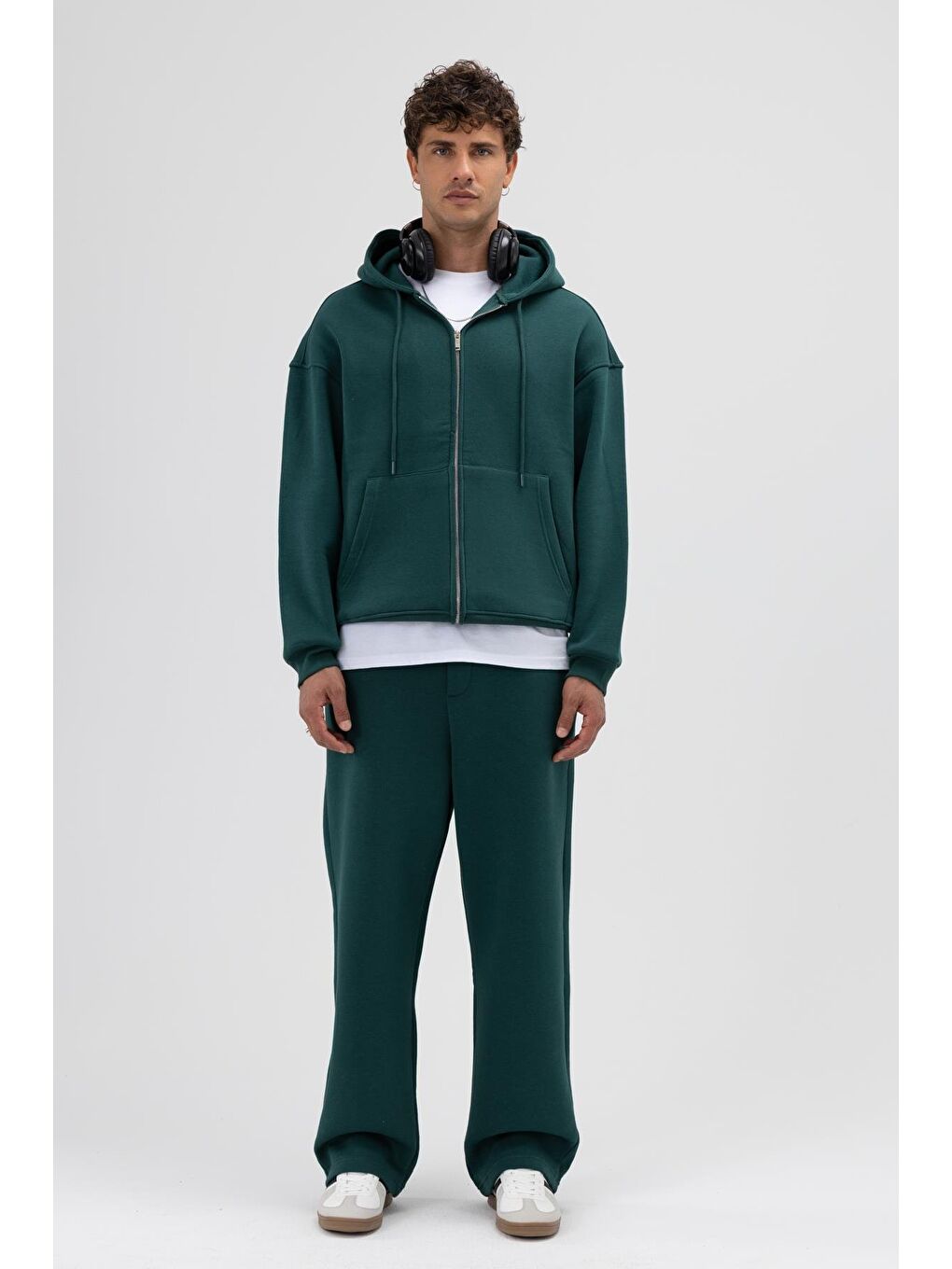 Yeşil Basic Fermuarlı Oversize Kapüşonlu Sweatshirt Nefti-4