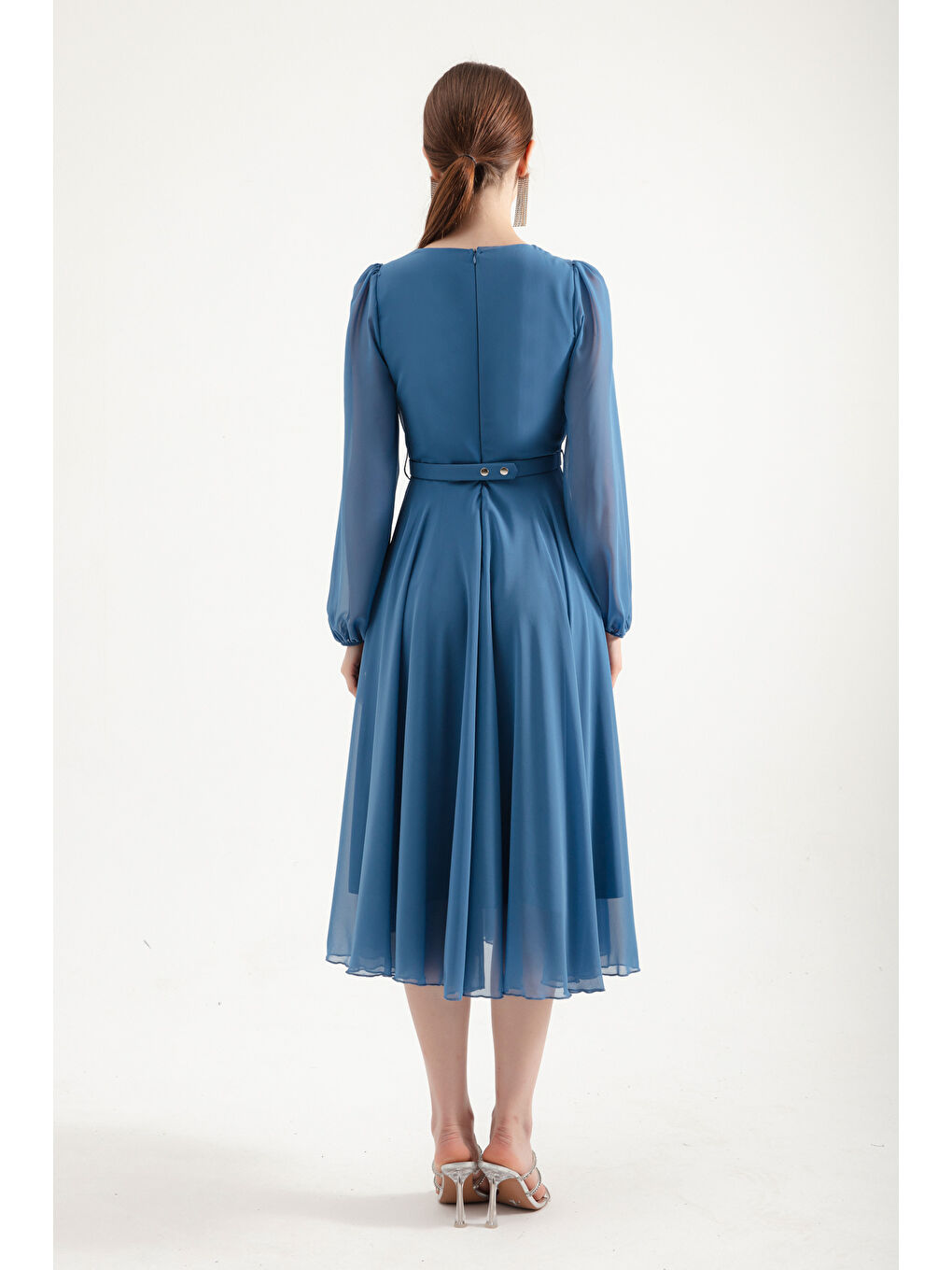 Kadın İndigo Kemerli Midi Şifon Abiye Elbise-4