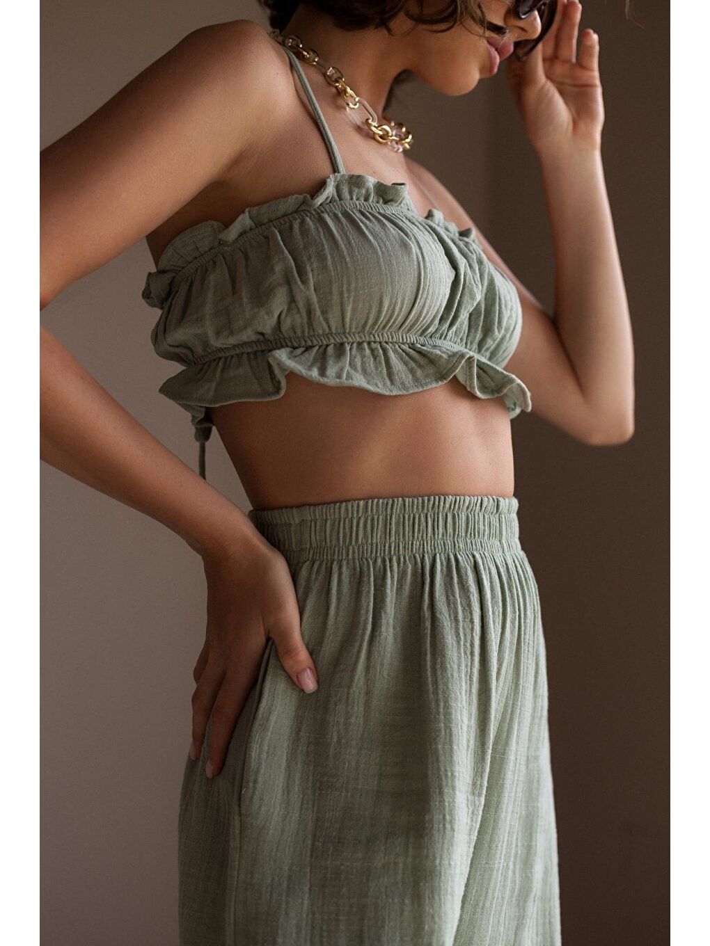 Yeşil Harvey Çağla Müslin Crop Takım-5