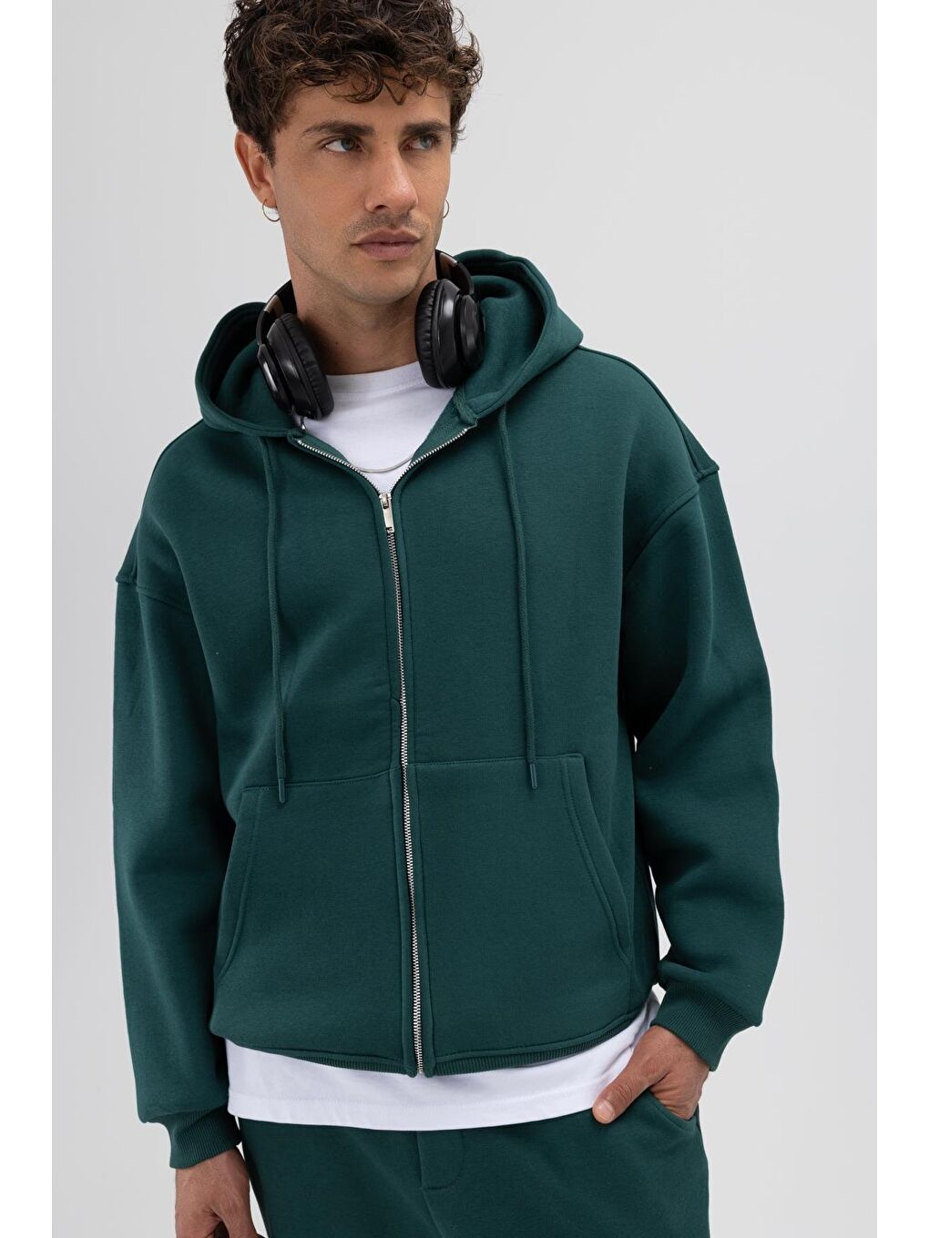 Yeşil Basic Fermuarlı Oversize Kapüşonlu Sweatshirt Nefti-5