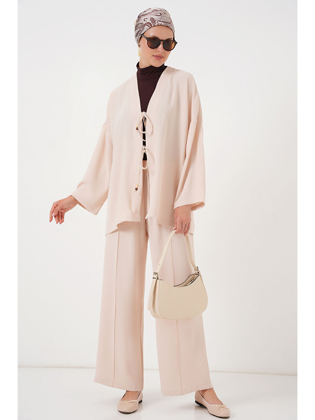 Ekru Kadın Ayrobin Kimono Pantolon İkili Takım 6739 - Krem