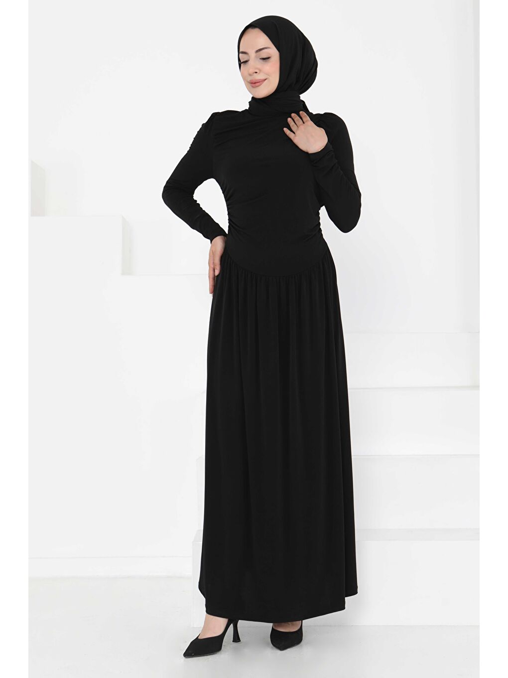 Büzgülü Elbise Siyah - 27254-2