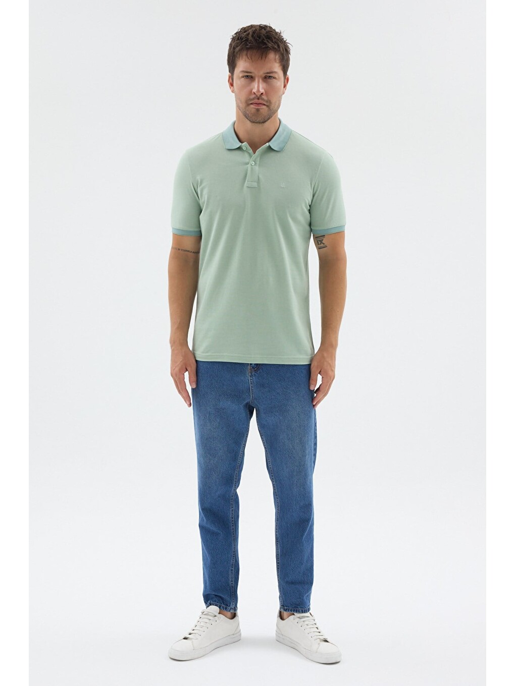 Yeşil Polo Yaka Pike Kısa Kol Slim Fit %100 Pamuk Tişört 1011260171-1