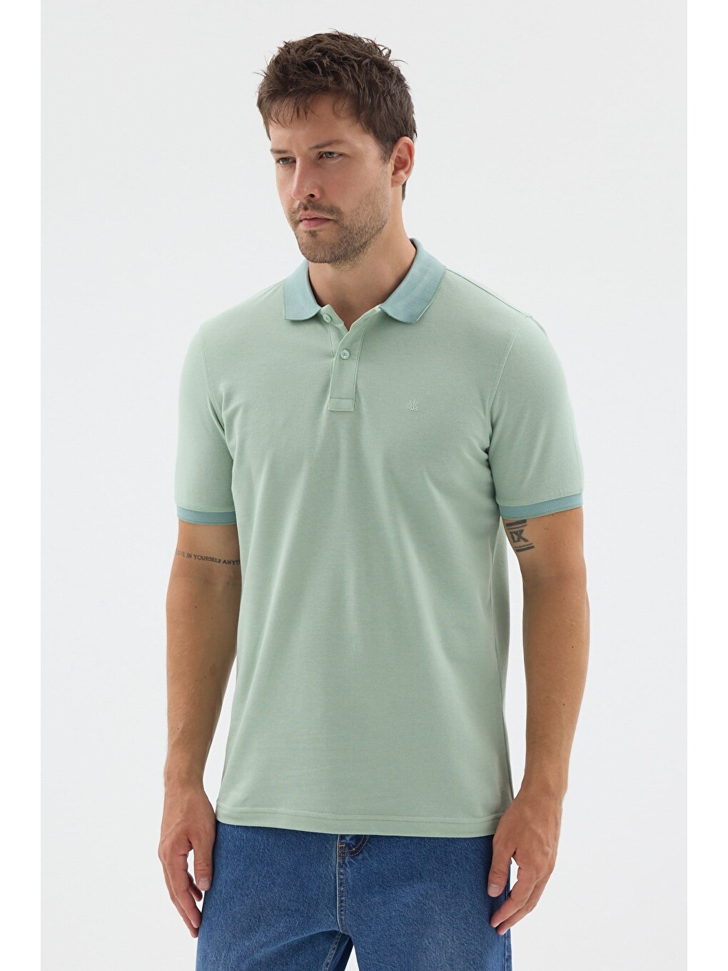 Yeşil Polo Yaka Pike Kısa Kol Slim Fit %100 Pamuk Tişört 1011260171-2