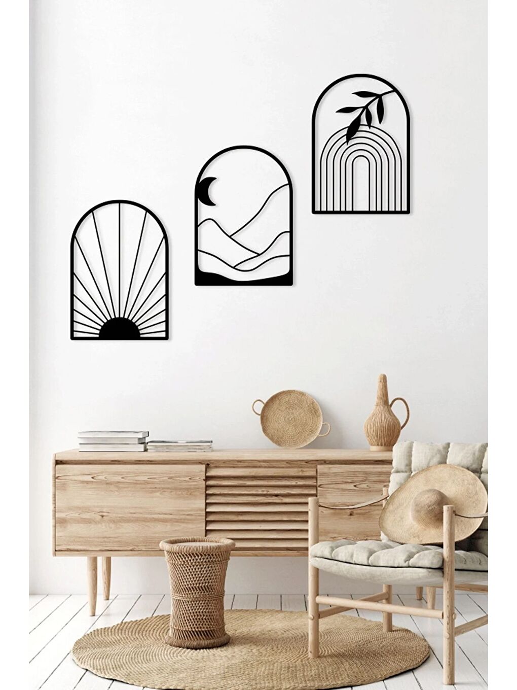 Beyaz 3 Parça Vazoda Dağlar ve Batımı Temalı Lazer Kesim Mdf Tablo Seti 20x30 cm - Model 3