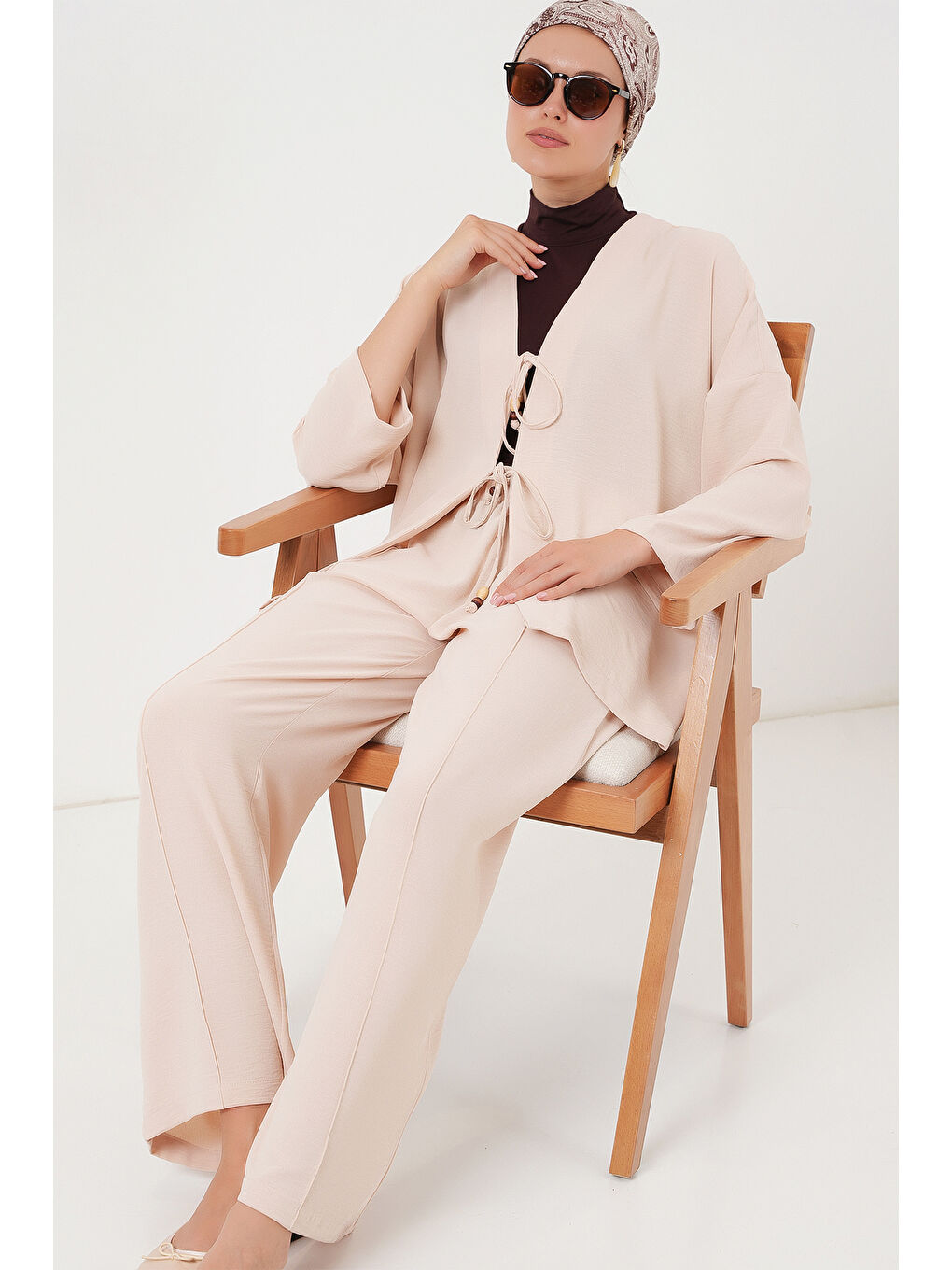 Ekru Kadın Ayrobin Kimono Pantolon İkili Takım 6739 - Krem-1