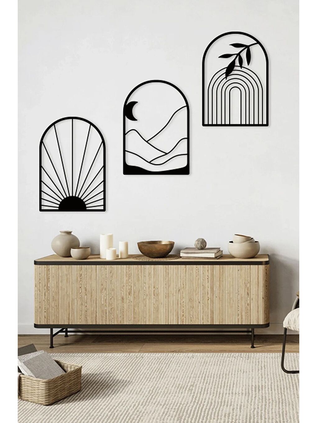 Beyaz 3 Parça Vazoda Dağlar ve Batımı Temalı Lazer Kesim Mdf Tablo Seti 20x30 cm - Model 3-1