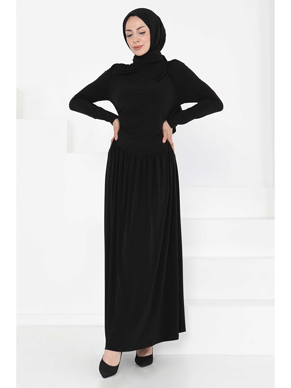 Büzgülü Elbise Siyah - 27254-3